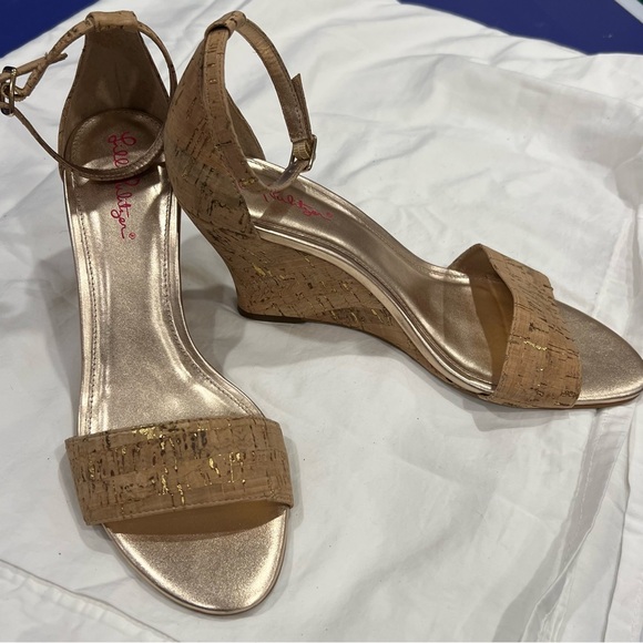 Lilly Pulitzer size 10 Bridgette Wedge cork gold ankle strap sandals dress shoe - Picture 3 of 16